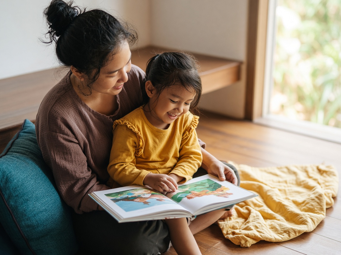 Ibu dan anak Indonesia membaca buku bersama di rumah