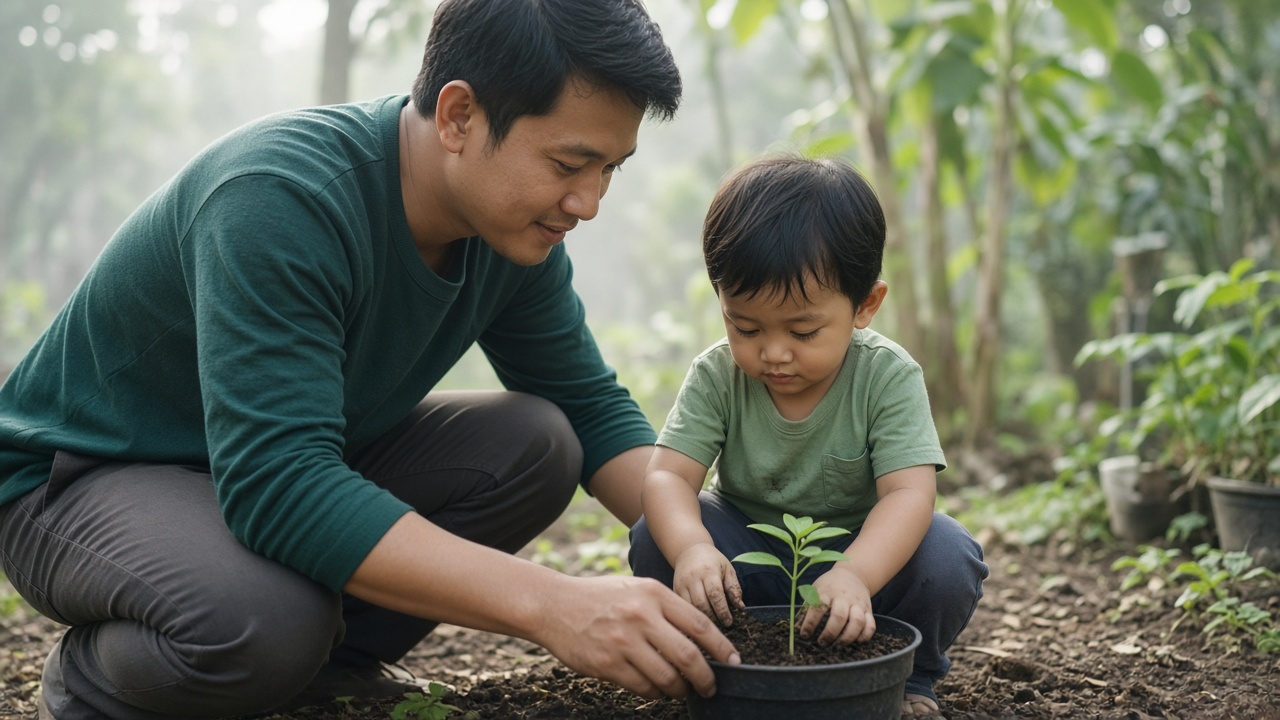 Ayah dan balita menanam bibit bersama di luar rumah