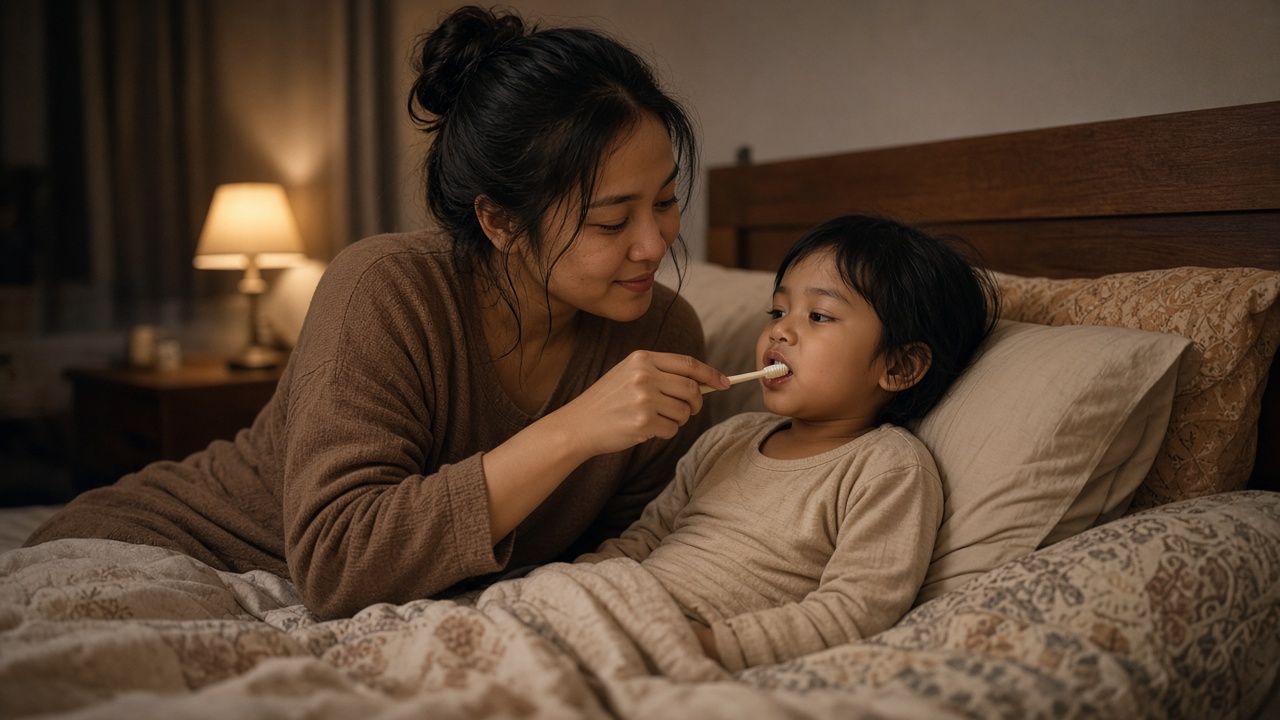 Ibu menemani anak usia dini dalam rutinitas sebelum tidur