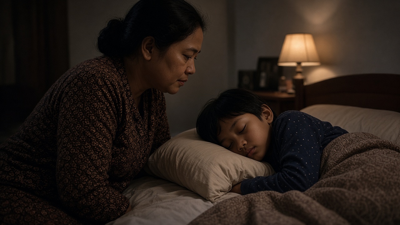 Orang tua memeriksa anak yang tidur karena amandel pada anak bisa mengganggu napas