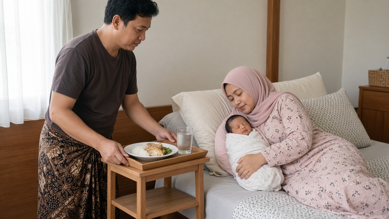 Ayah menyiapkan makan dan minum untuk ibu menyusui yang sedang istirahat