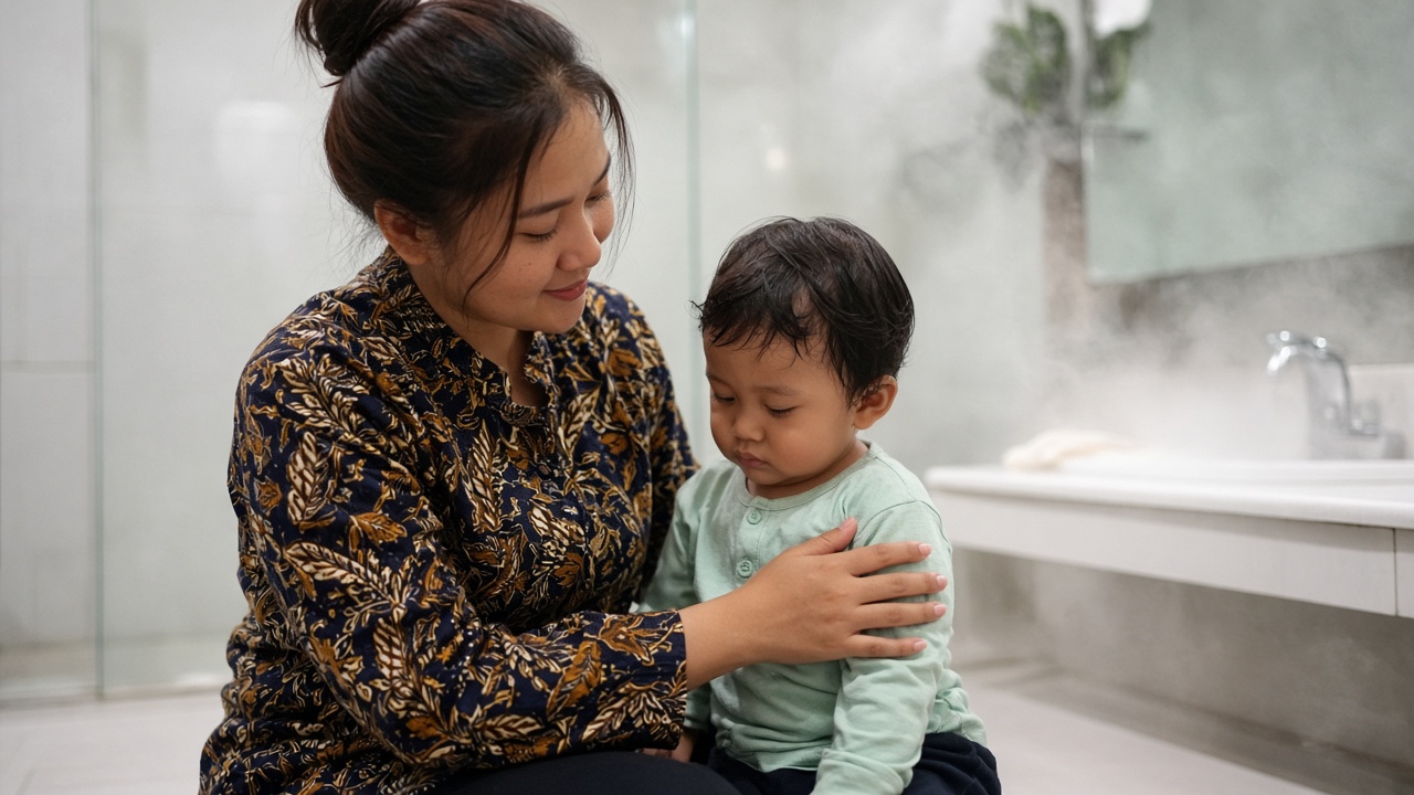 Orang tua menemani balita di kamar mandi yang beruap saat batuk