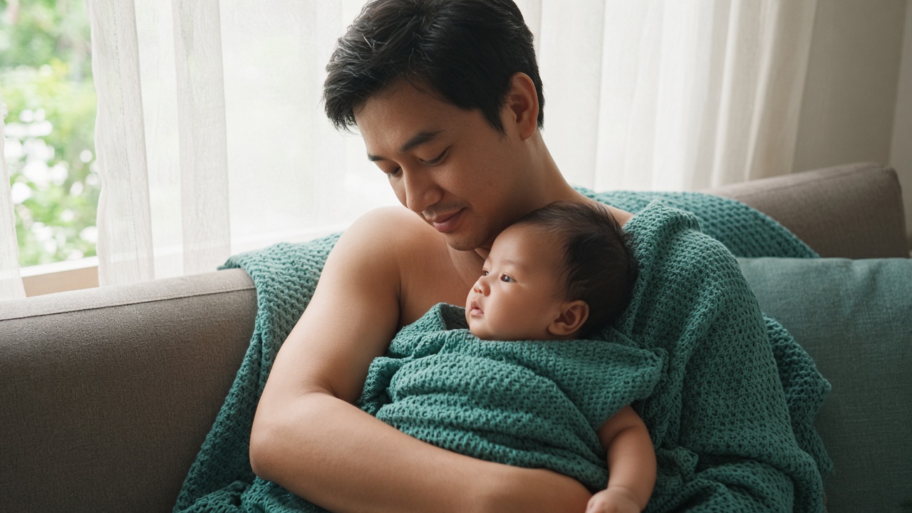 Ayah menggendong bayi yang sudah tenang setelah ditenangkan