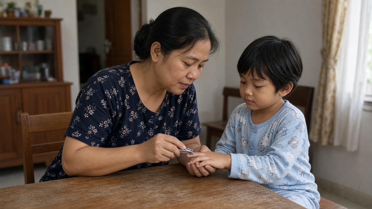 Orang tua memotong kuku anak agar tidak menggaruk lepuh
