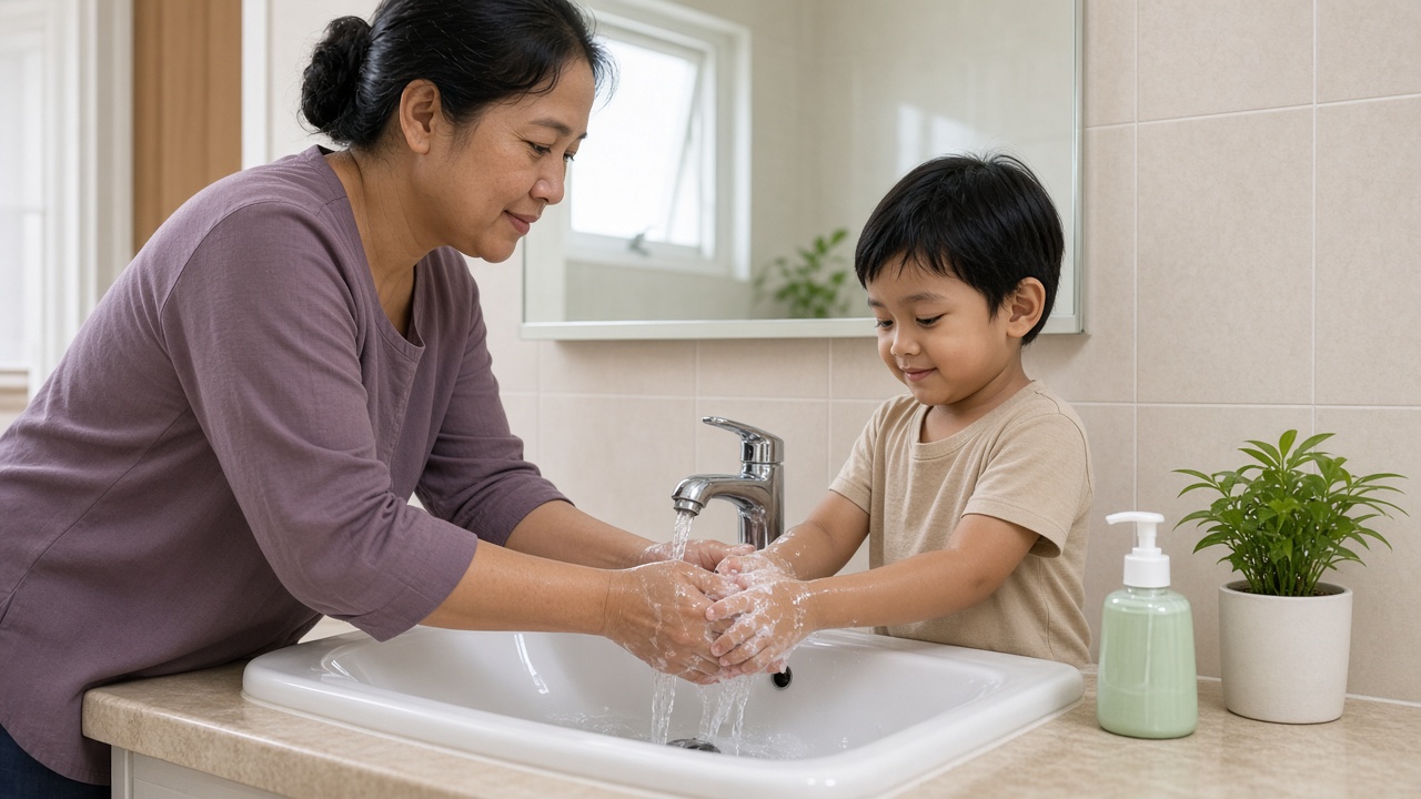 Anak mencuci tangan dengan sabun untuk mencegah cacingan pada anak