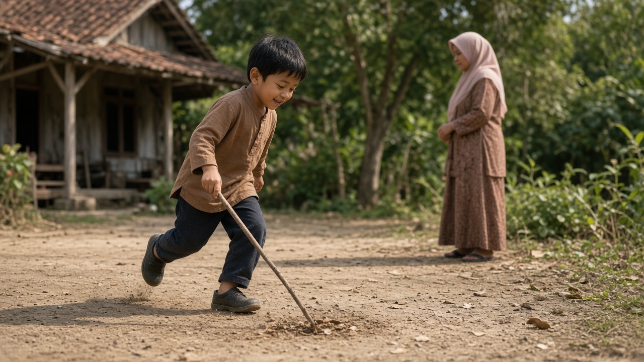 Anak bermain di tanah dengan sepatu tertutup agar tidak kemasukan cacing