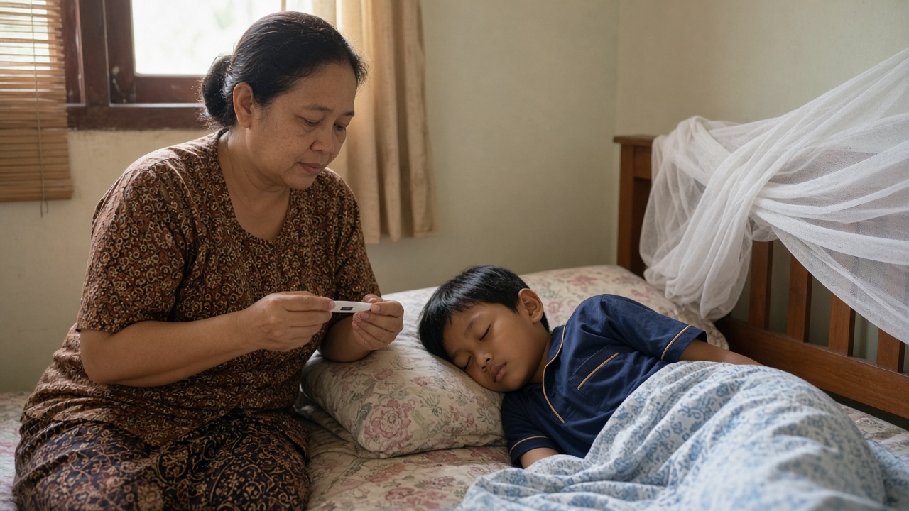 Orang tua memeriksa suhu anak yang istirahat karena demam berdarah pada anak
