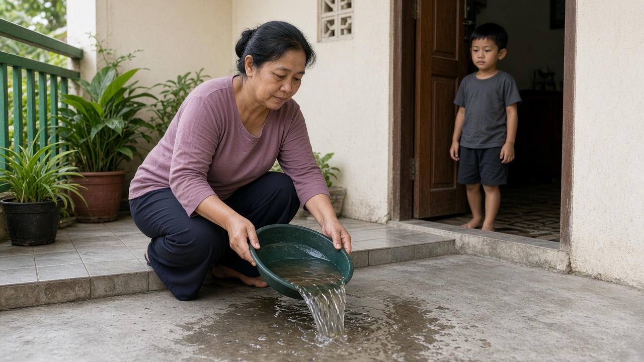 Orang tua membuang air tergenang agar nyamuk penyebab demam berdarah pada anak tidak berkembang biak