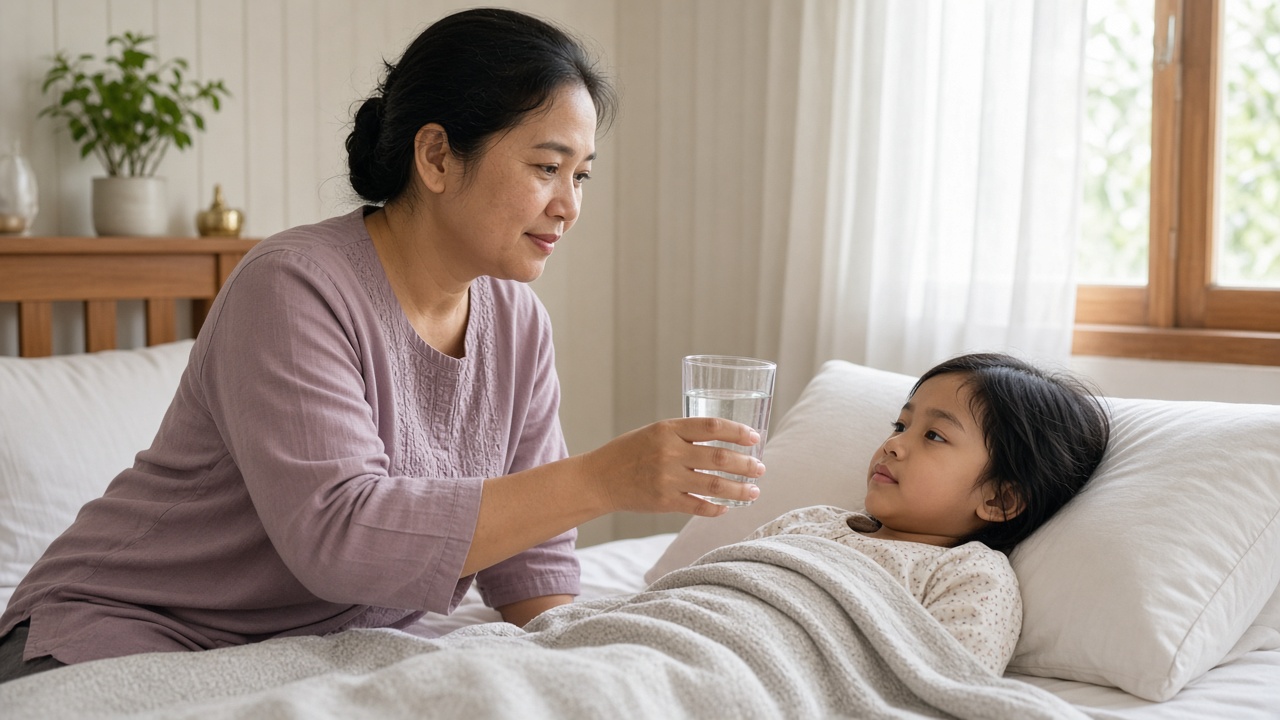 Ibu memberi minum anak yang sedang demam dan beristirahat