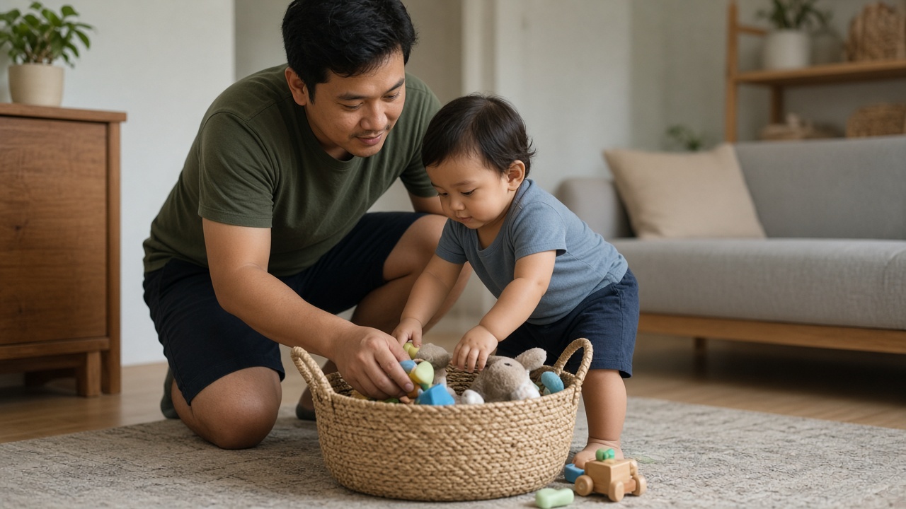 Ayah mendampingi anak merapikan mainan sebagai bagian disiplin positif