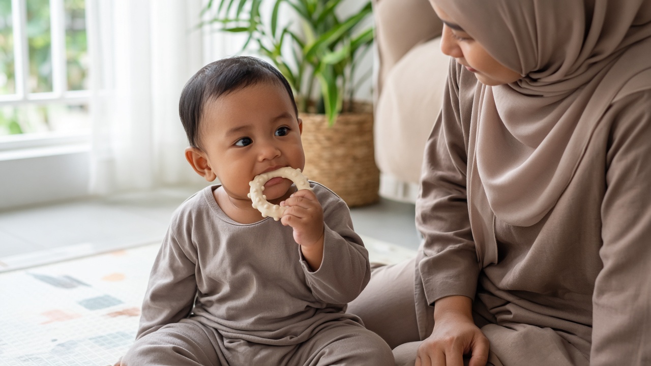 Bayi menggigit mainan karet yang kenyal saat tumbuh gigi pada bayi