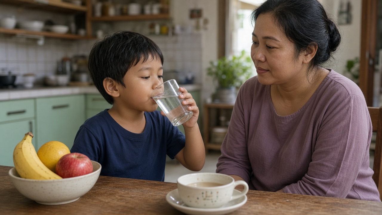 Anak minum air putih dari gelas, bukan minuman manis, untuk menjaga gigi