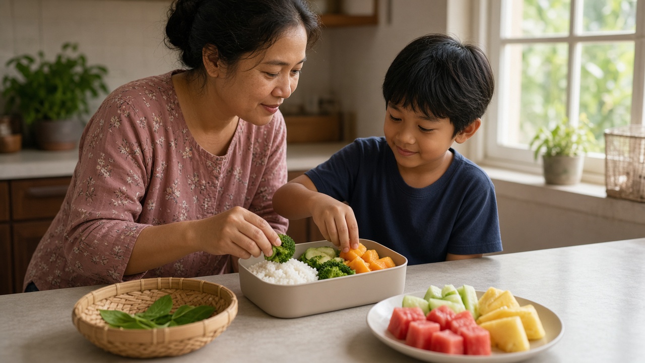 Orang tua dan anak menyiapkan bekal nasi, sayur, dan buah