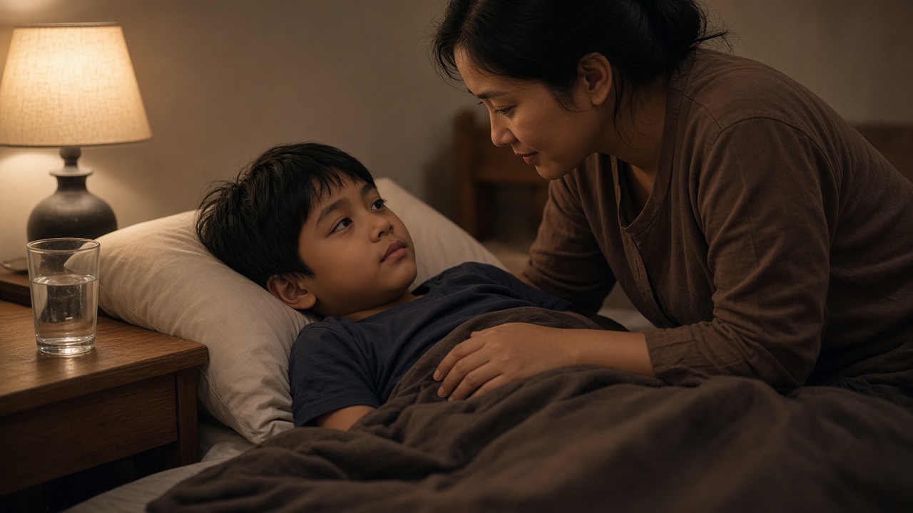 Anak istirahat di tempat tidur saat gondongan pada anak