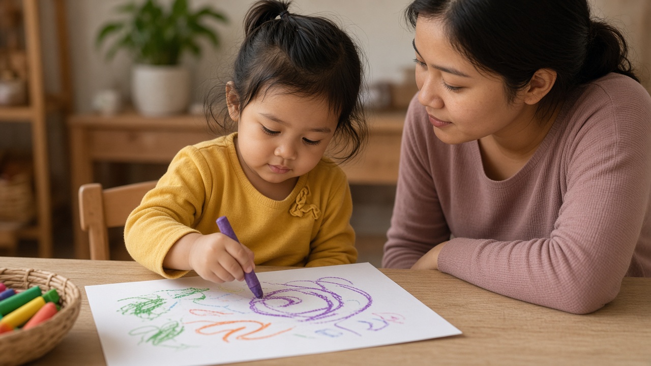 Anak menggambar dengan krayon tebal didampingi ibu