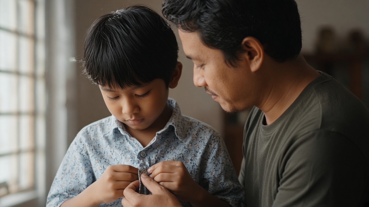 Anak berlatih mengancing baju dengan bantuan ayah