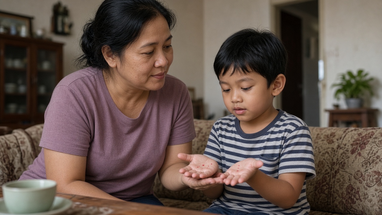 Orang tua memeriksa telapak tangan anak yang berbintik saat flu Singapura
