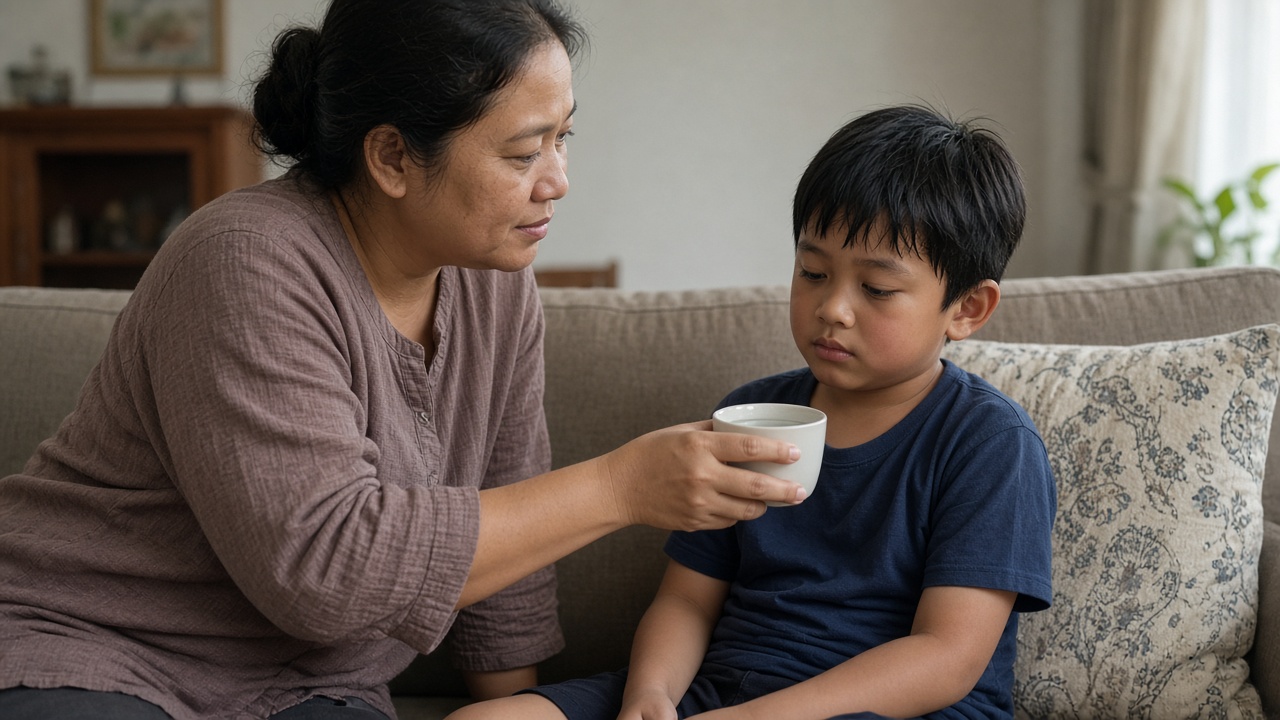 Orang tua memberi minum pada anak yang lelah karena flu Singapura