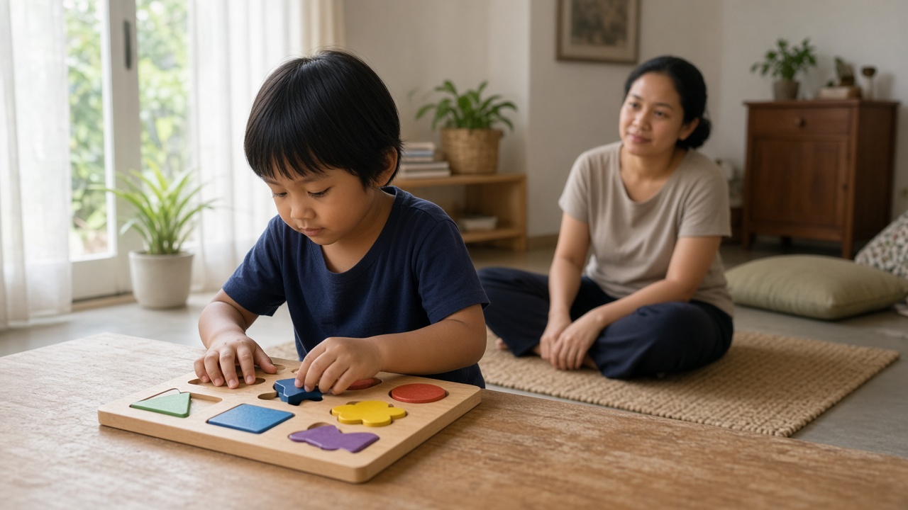 Anak menyelesaikan puzzle singkat didampingi orang tua