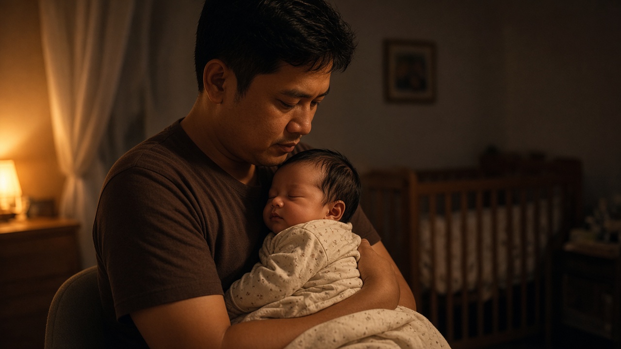 Ayah menenangkan bayi mengantuk sebagai bagian rutinitas tidur