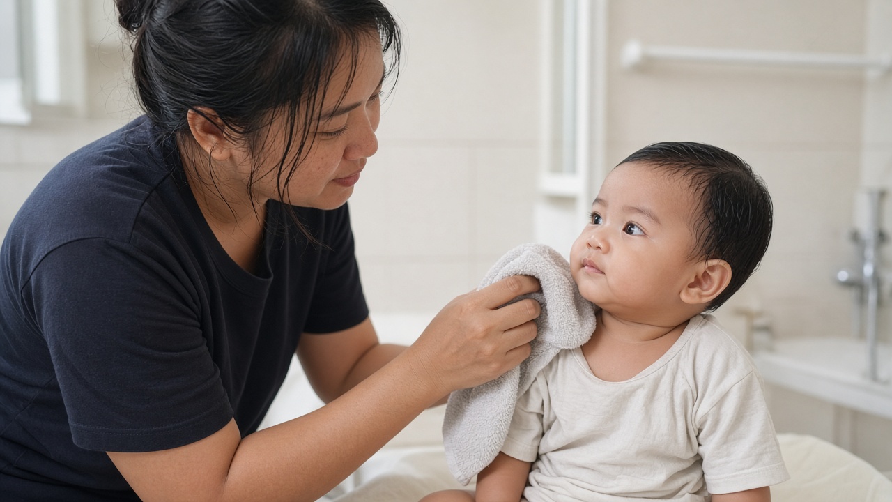 Orang tua mengeringkan lipatan leher bayi setelah mandi sejuk