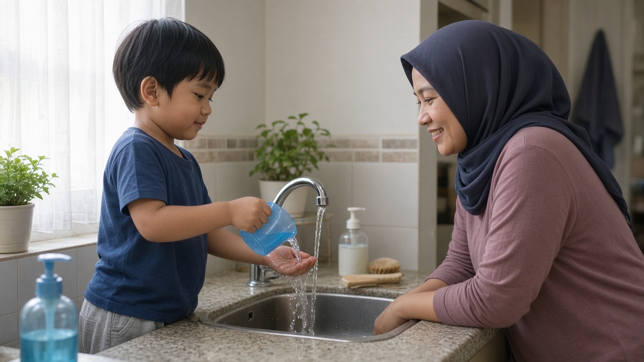 Anak prasekolah berlatih mencuci tangan dan mandiri di rumah