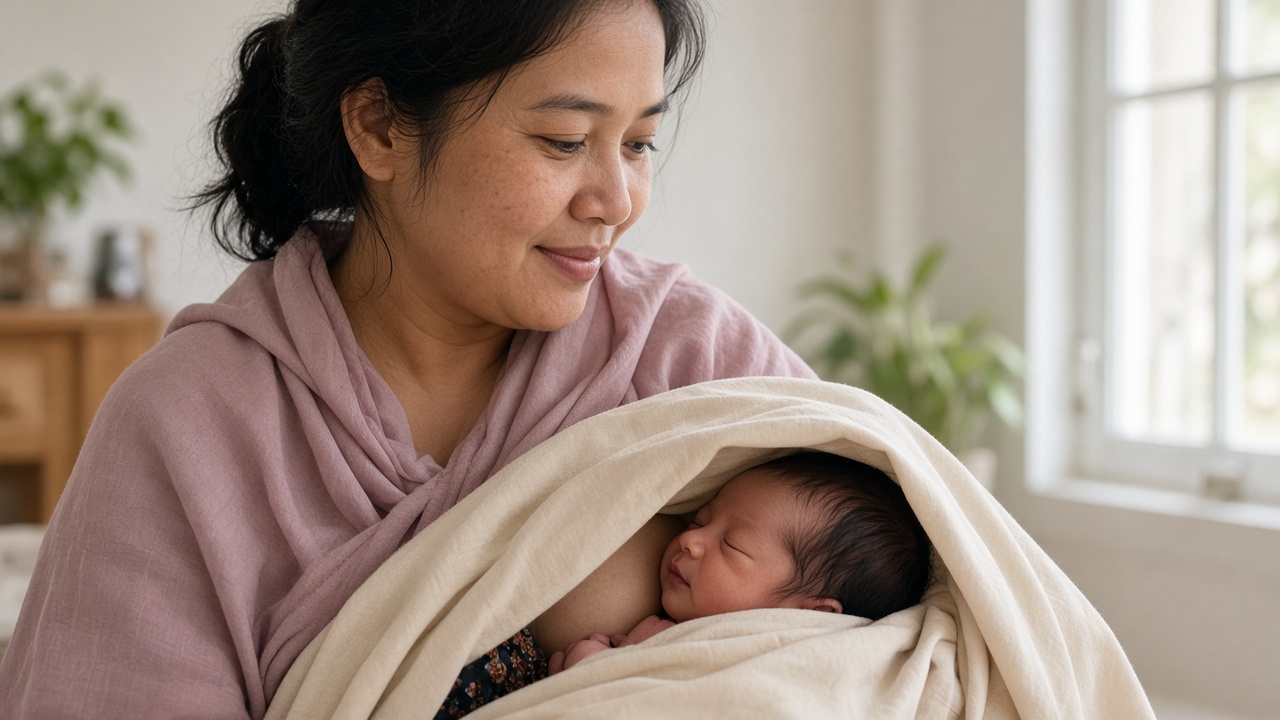 Ibu menyusui bayi yang tertutup kain saat memantau bayi kuning