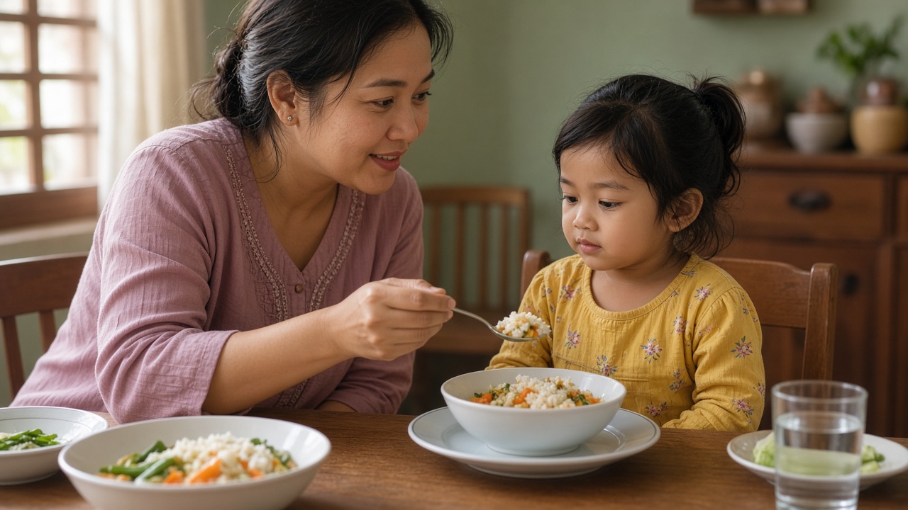 Ibu menemani anak makan dengan porsi kecil di meja makan