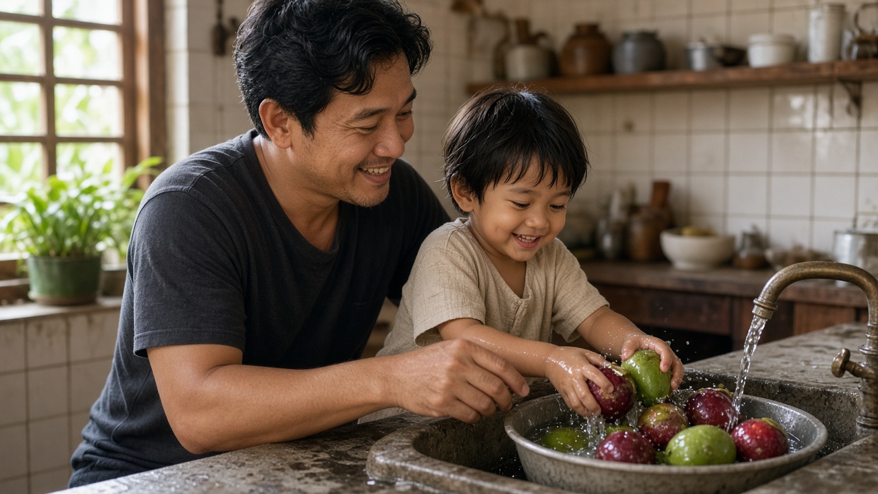Ayah dan anak mencuci buah bersama di dapur