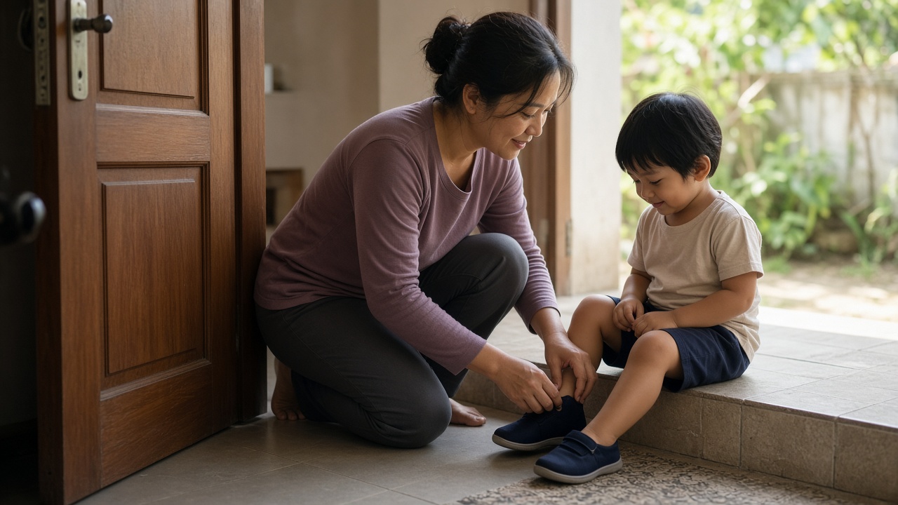 Orang tua mendampingi anak memakai sepatu sendiri di pintu rumah