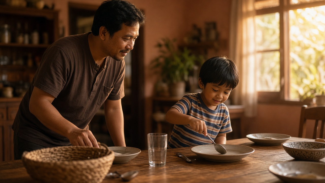 Ayah dan anak menata meja makan bersama