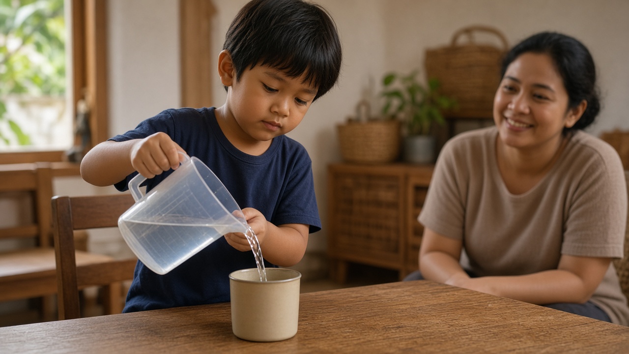 Anak menuang air sendiri dengan pengawasan orang tua