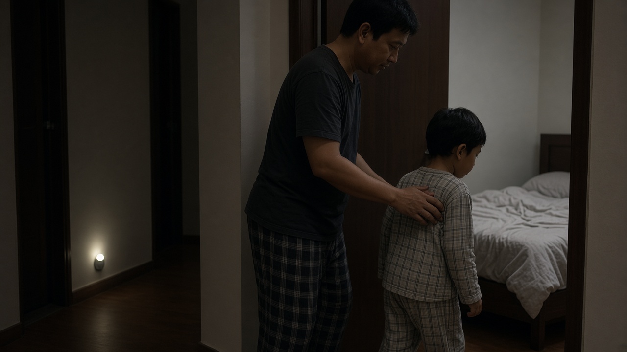 Orang tua mengantar anak kembali ke tempat tidur saat anak mengigau sambil berjalan