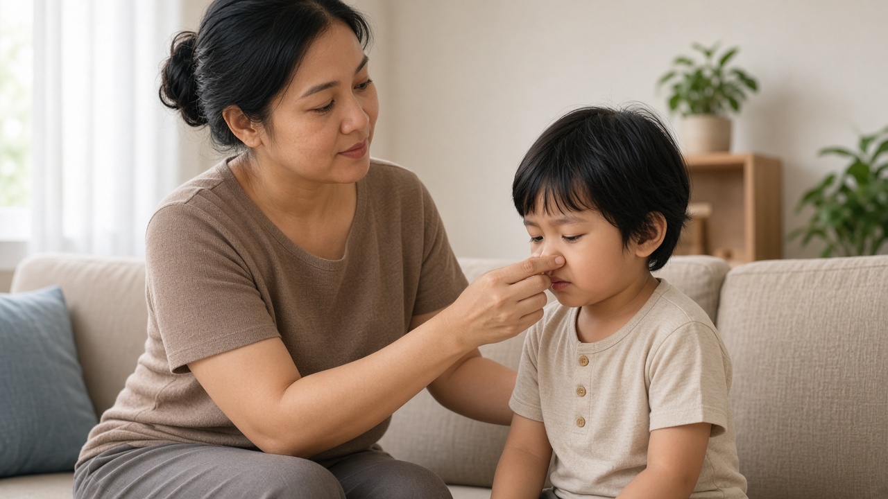 Orang tua menekan bagian hidung yang lunak saat mimisan pada anak