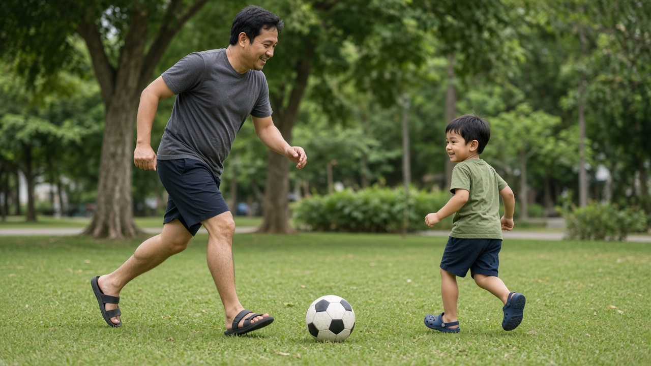 Orang tua bermain bola di taman bersama anak untuk stimulasi motorik kasar