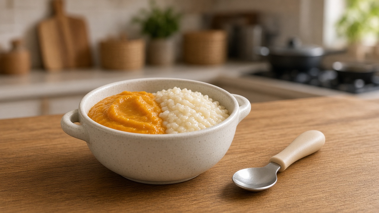 Mangkuk kecil bubur dan labu halus untuk mpasi 6 bulan