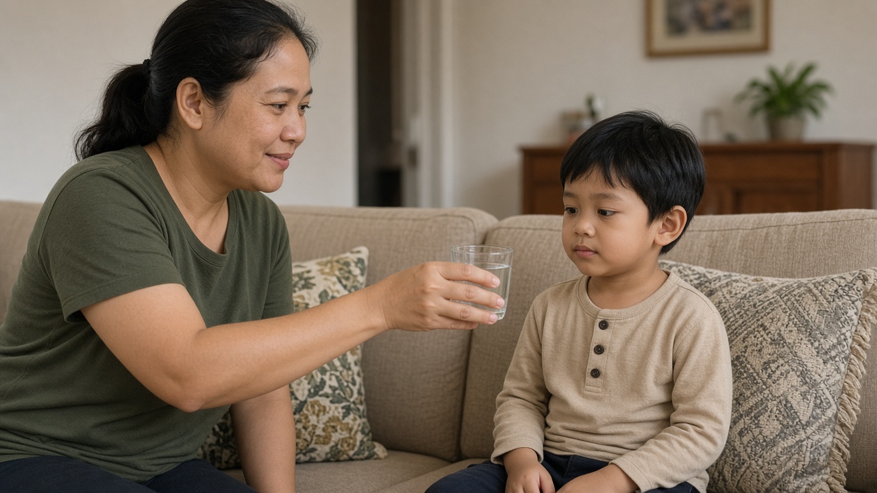 Orang tua memberi tegukan kecil pada anak muntah yang duduk tegak