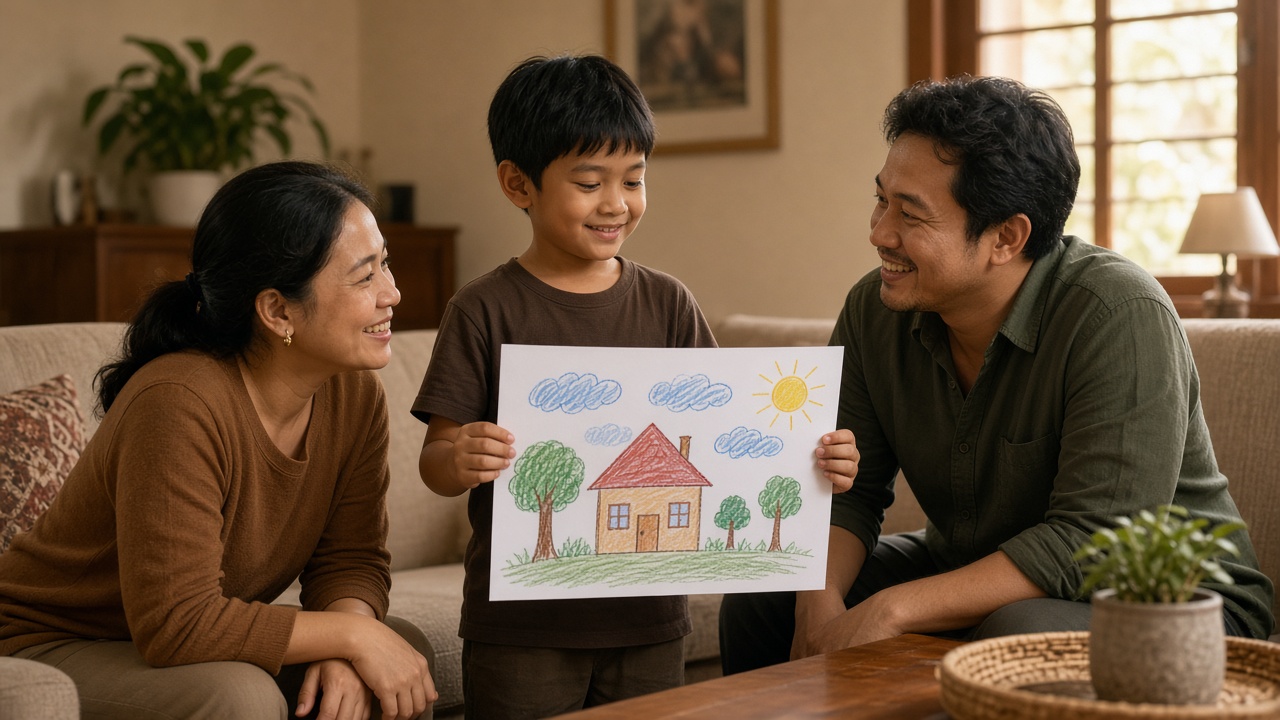 Anak menunjukkan gambar kepada orang tua dengan bangga