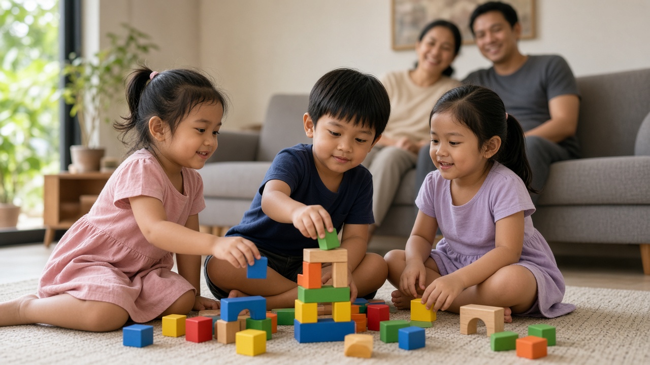 Anak bermain balok bersama teman dengan percaya diri
