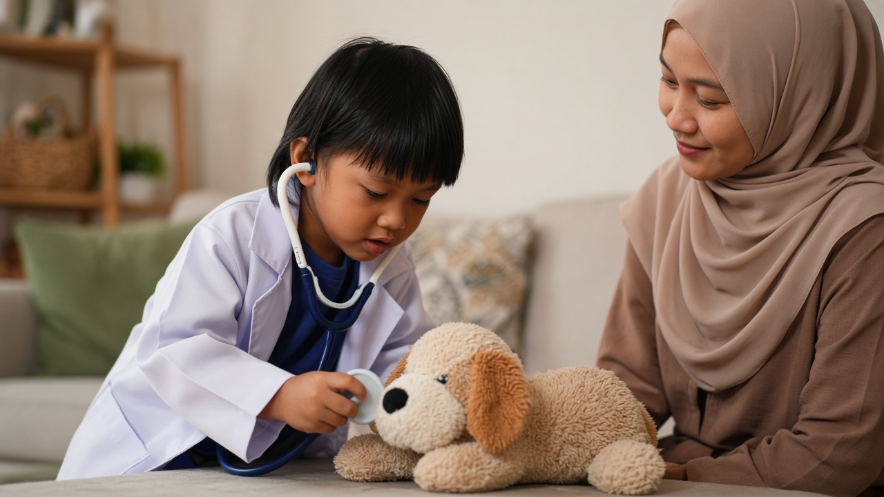 Anak bermain peran dokter dengan boneka dan orang tua mendampingi
