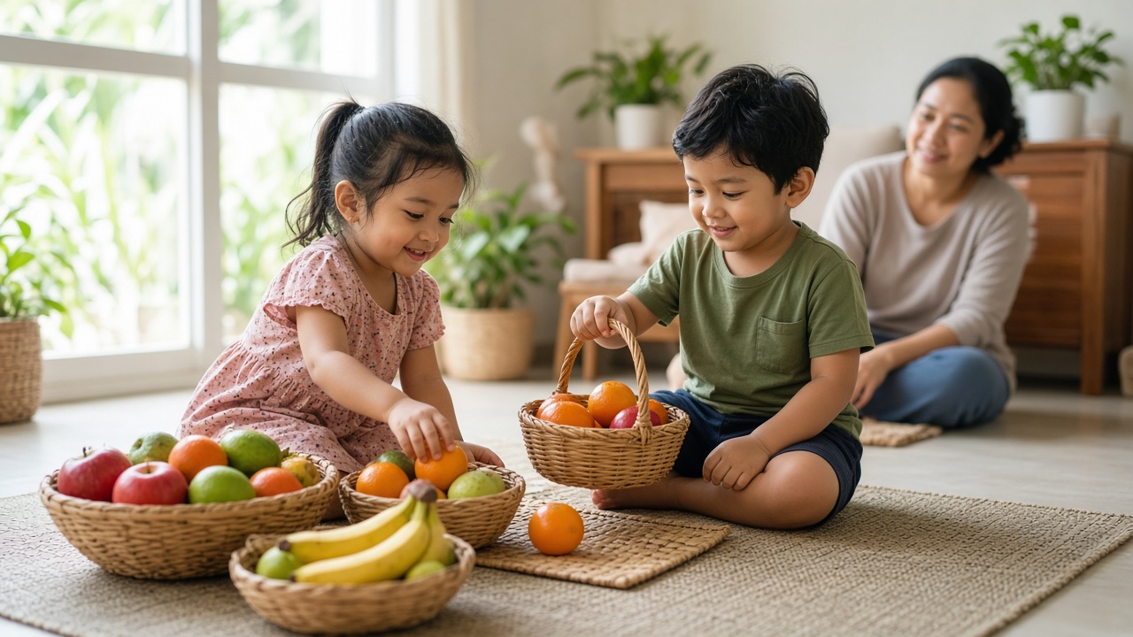 Dua anak bermain peran jual beli di rumah