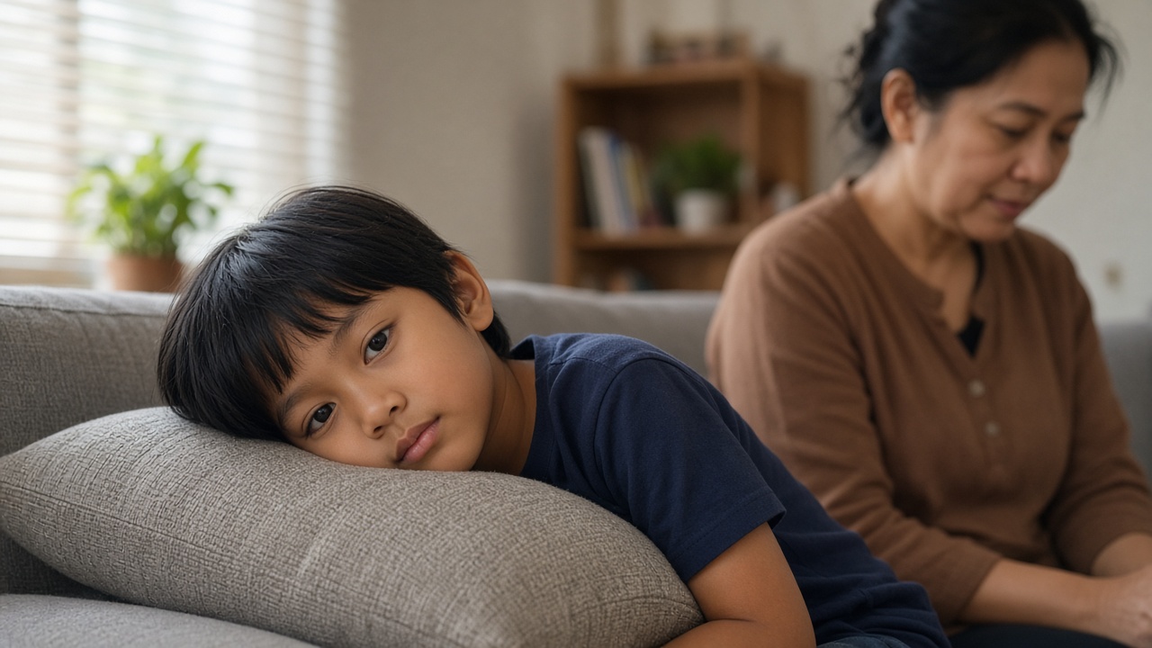 Anak beristirahat di sofa ditemani orang tua saat perutnya nyeri