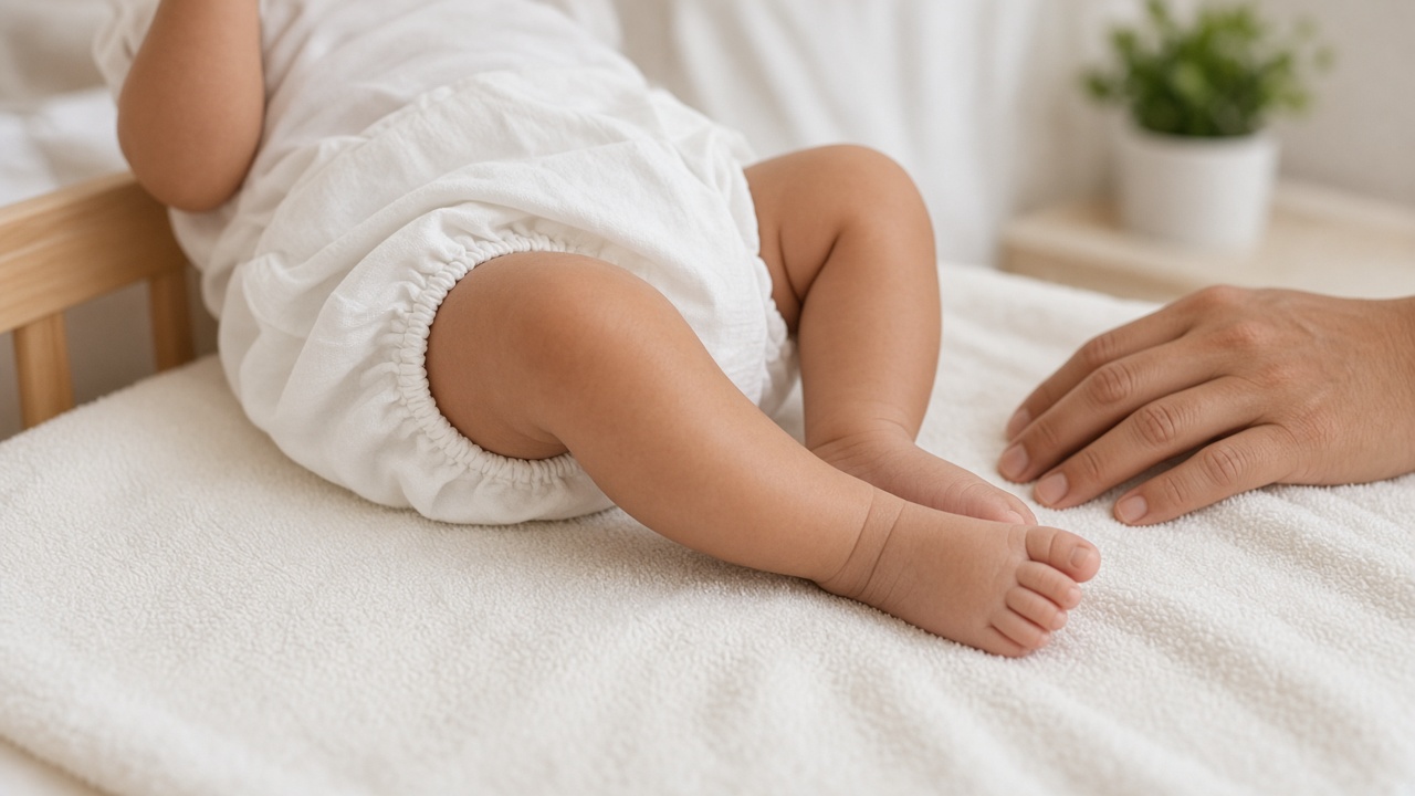 Bayi beristirahat sejenak tanpa popok di atas handuk bersih