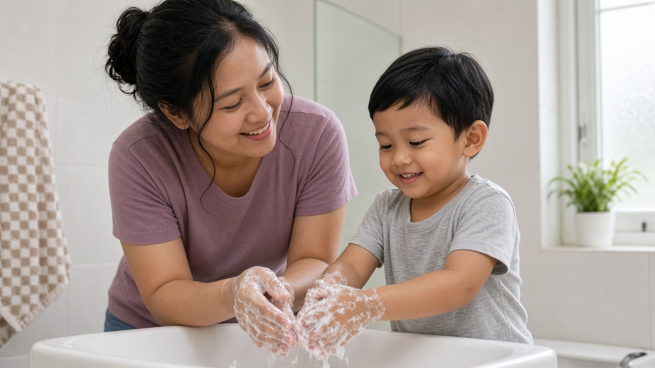 Anak mencuci tangan dengan sabun agar sariawan virus tidak menular