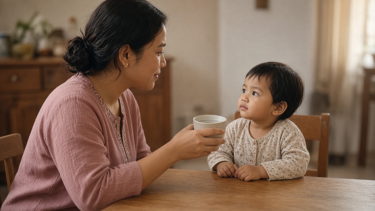 Orang tua memberi minum pada anak yang mengalami sariawan pada anak