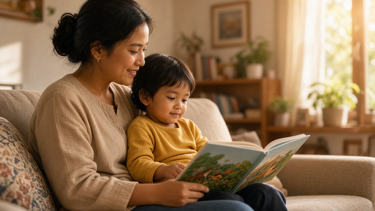 Ibu membacakan buku bergambar kepada anak