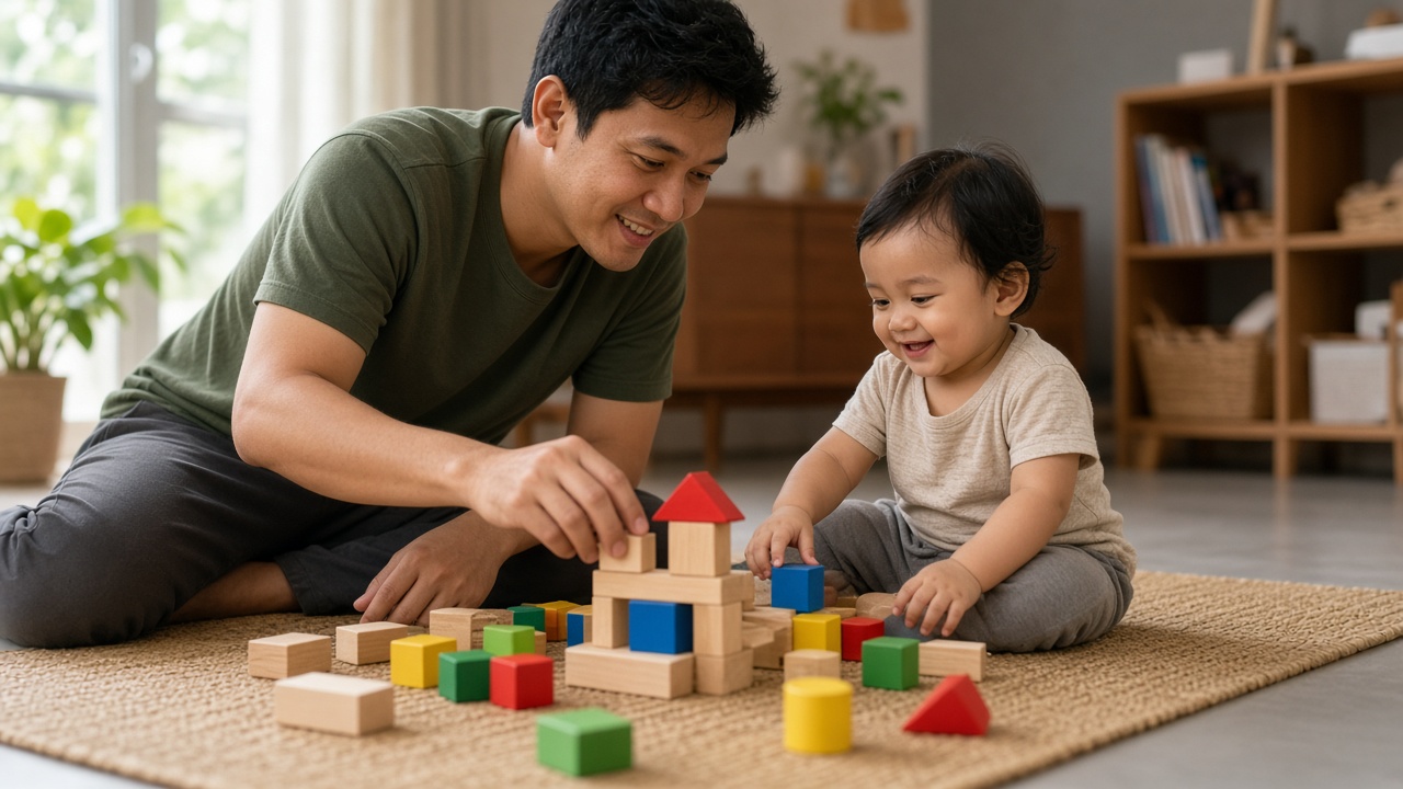Ayah bermain balok bersama anak di lantai