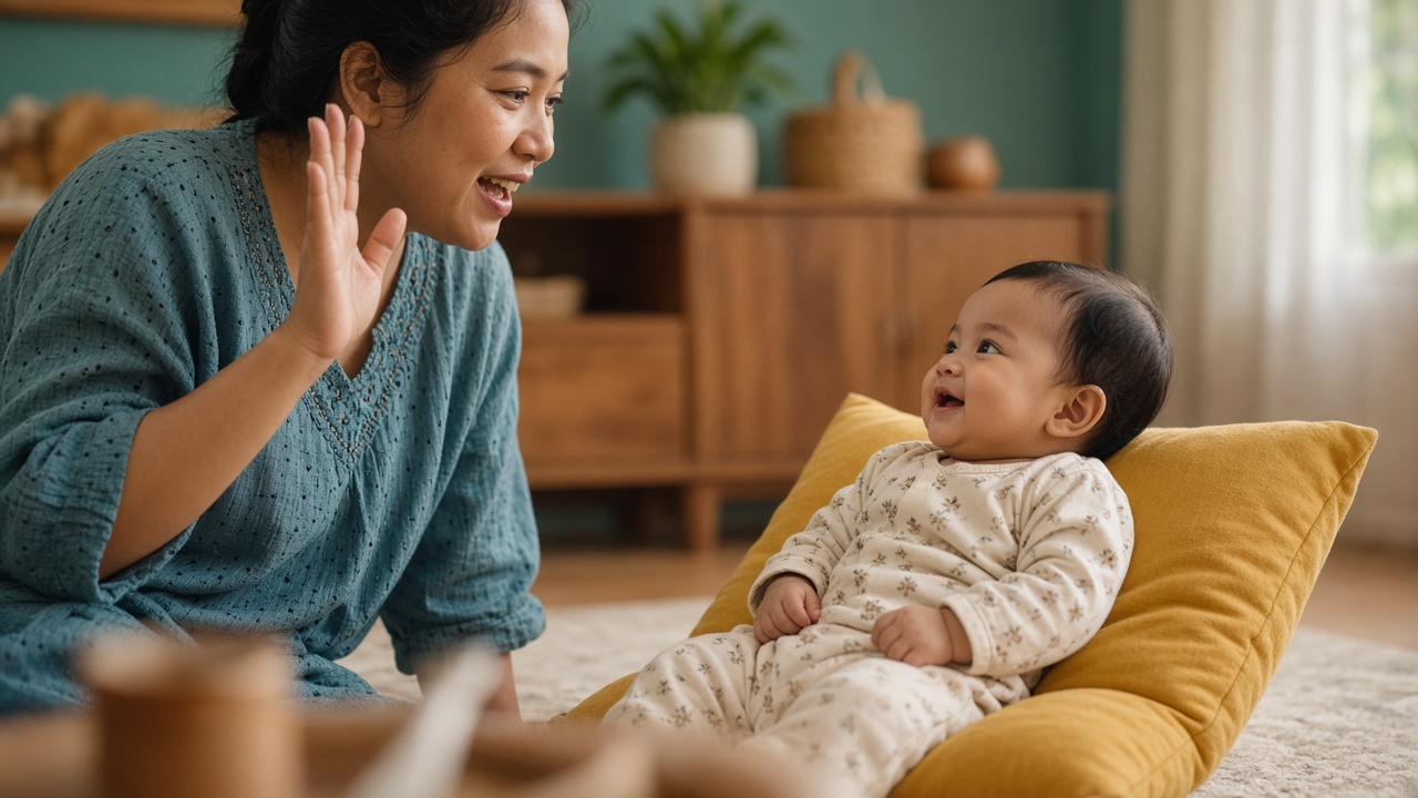 Orang tua bermain dan berbicara dengan bayi usia sekitar lima bulan
