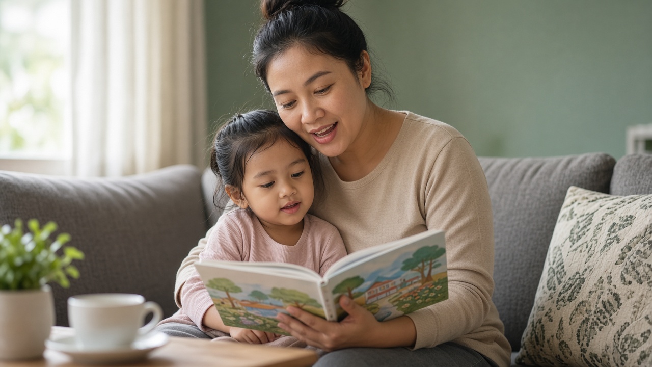 Orang tua membacakan buku bergambar kepada anak usia dini