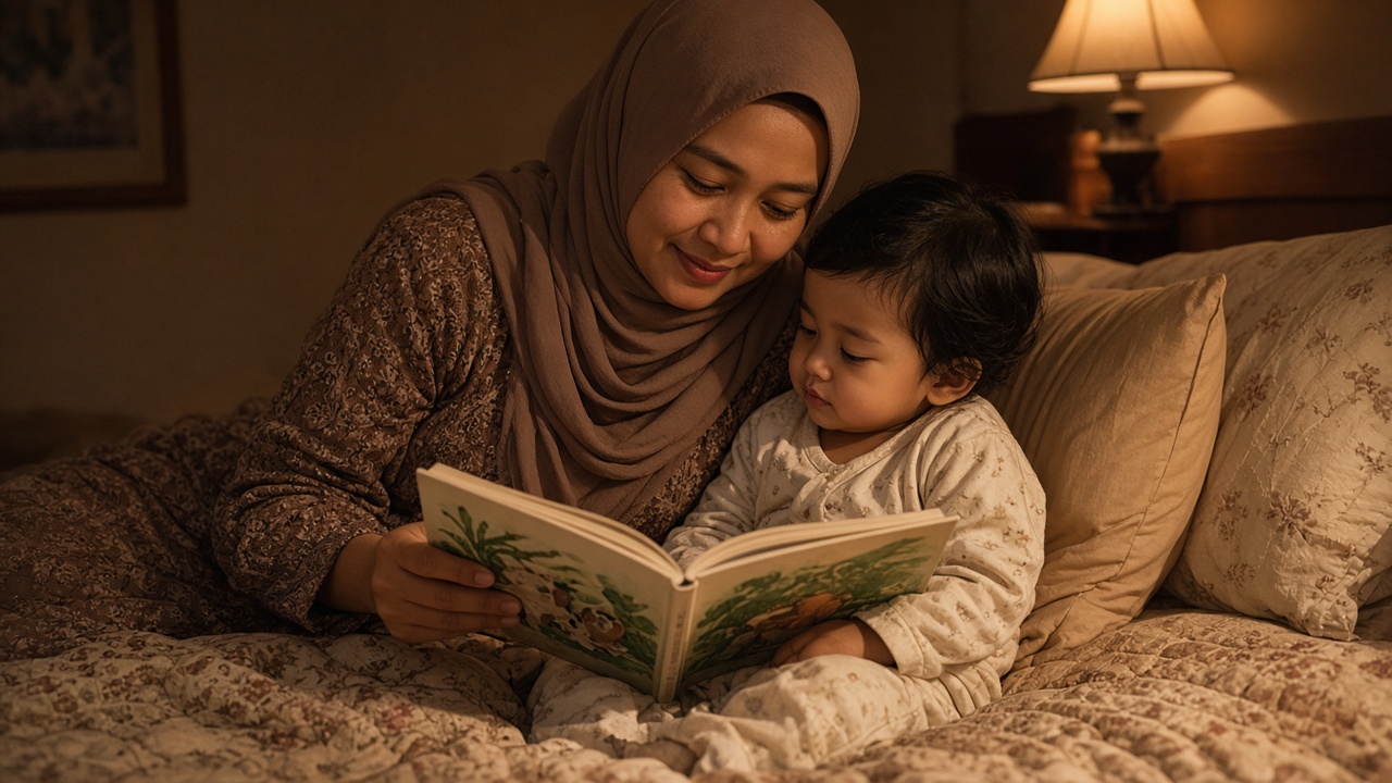 Orang tua membacakan buku kepada anak sebelum tidur